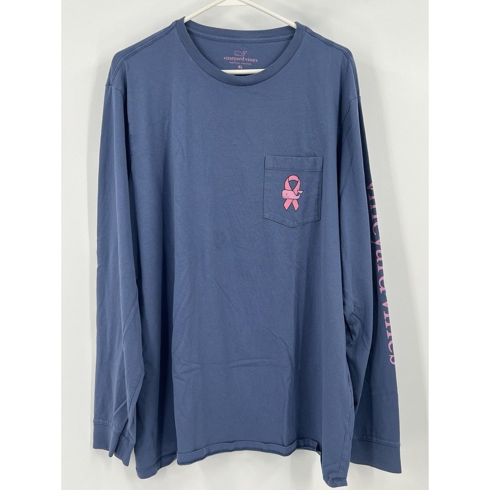Vineyard Vines Shirt Mens XL Blue Breast Cancer Pink Ribbon Whale Long Sleeve